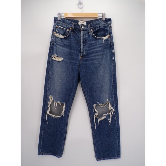 Agolde Womens 90s High Rise Loose Fit Distressed Blue Jeans Psyche Wash Size 28 - Picture 2 of 4